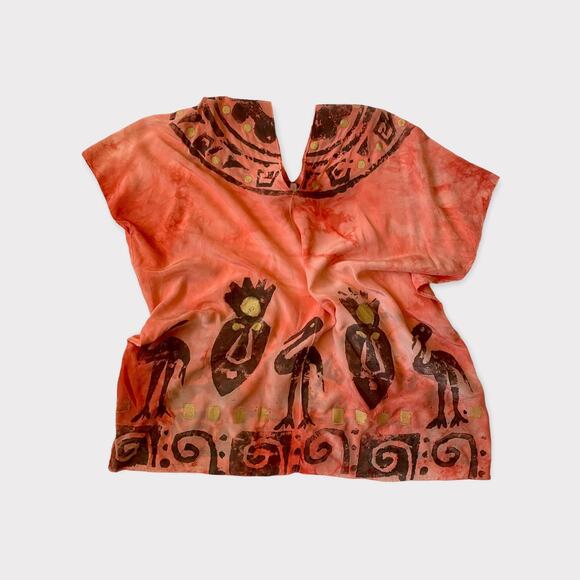 Vintage 80s BOHO Laise Adzer Hand-Painted Silk Tunic Top Bird Print Lagenlook - Picture 9 of 9